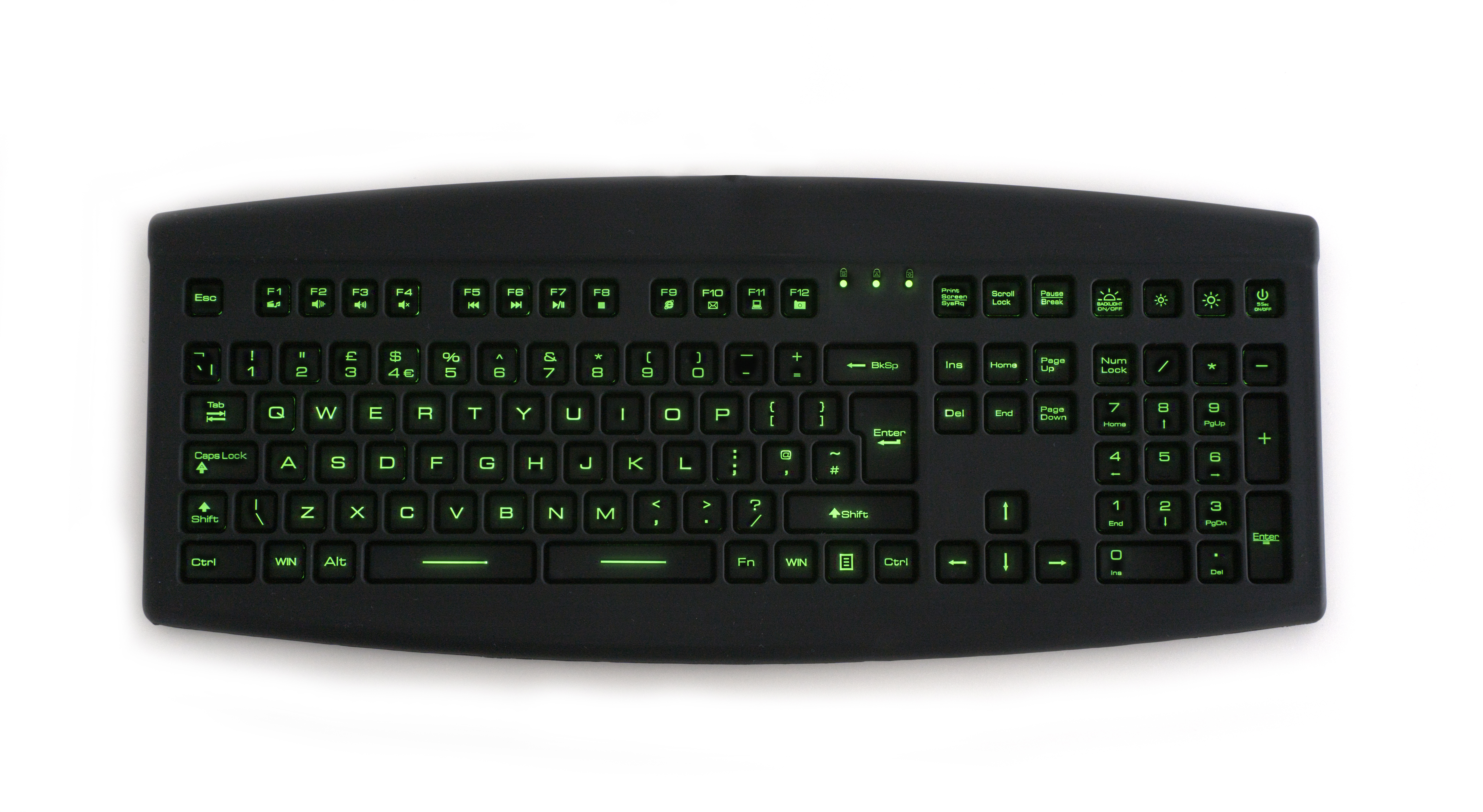 A black keyboard with sunken keys. The keyboard is made from black silicone and having each key sunken means that it gives the advantage of a keyguard but without the need for two separate components. The character on each key is white, but the keyboard has a green backlight. The keys are sunken by around 6 milli metres.

End of description.