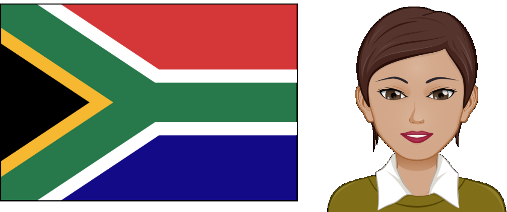 To the left of the image is the South African flag which is gold, green, white, red and blue. It has a green Y-shaped band that is one fifth as wide as the flag. The centre lines of the band start in the top and bottom corners next to the flag post, converge in the centre of the flag, and continue horizontally to the middle of the free edge. To the right of the flag is an avatar of a mixed race woman. She has a very modern hairstyle with wisps of hair on her forehead and beneath her ears. Her hair is brown. She is wearing an olive green top with white blouse collars showing. She is visible to just beneath her shoulders. End of description.