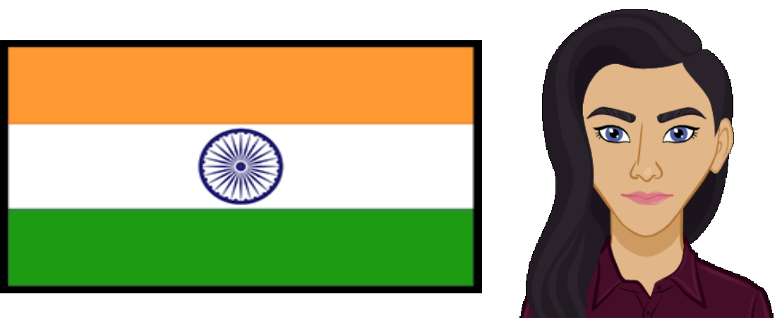 To the left is the Indian flag, consisting of three equally sized horizontal stripes, green, white, then orange. In the middle of the flag is a dark blue emblem resembling a wheel with a lot of spokes. To the right of the flag is an avatar of a woman of Indian origin who has black long hair resting over her left shoulder He has a slight smile and is wearing a dark purple blouse with small collars. The image ends just beneath her shoulders. End of description.